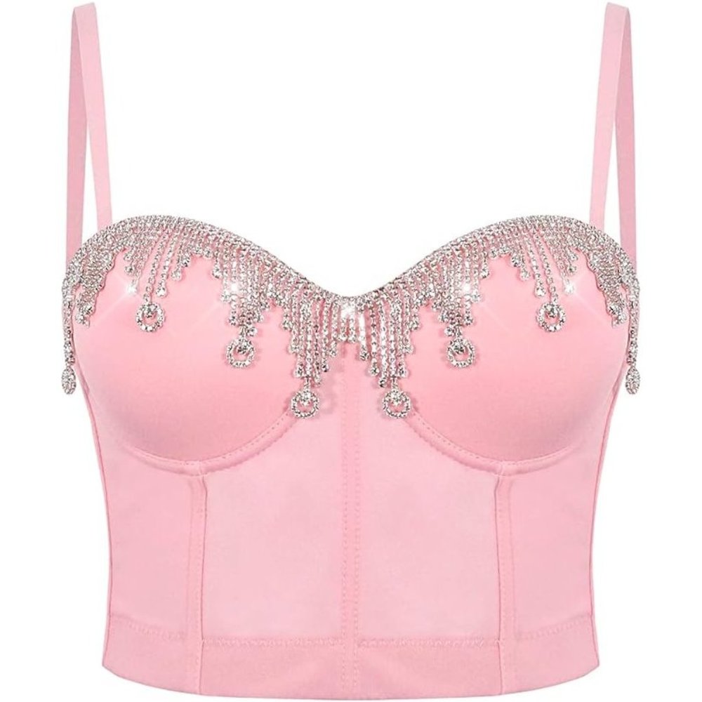 NWT Sparkling Bling Swarovski Crystal Rhinestone Pink Jacket Bustier Cow… - Picture 6 of 16